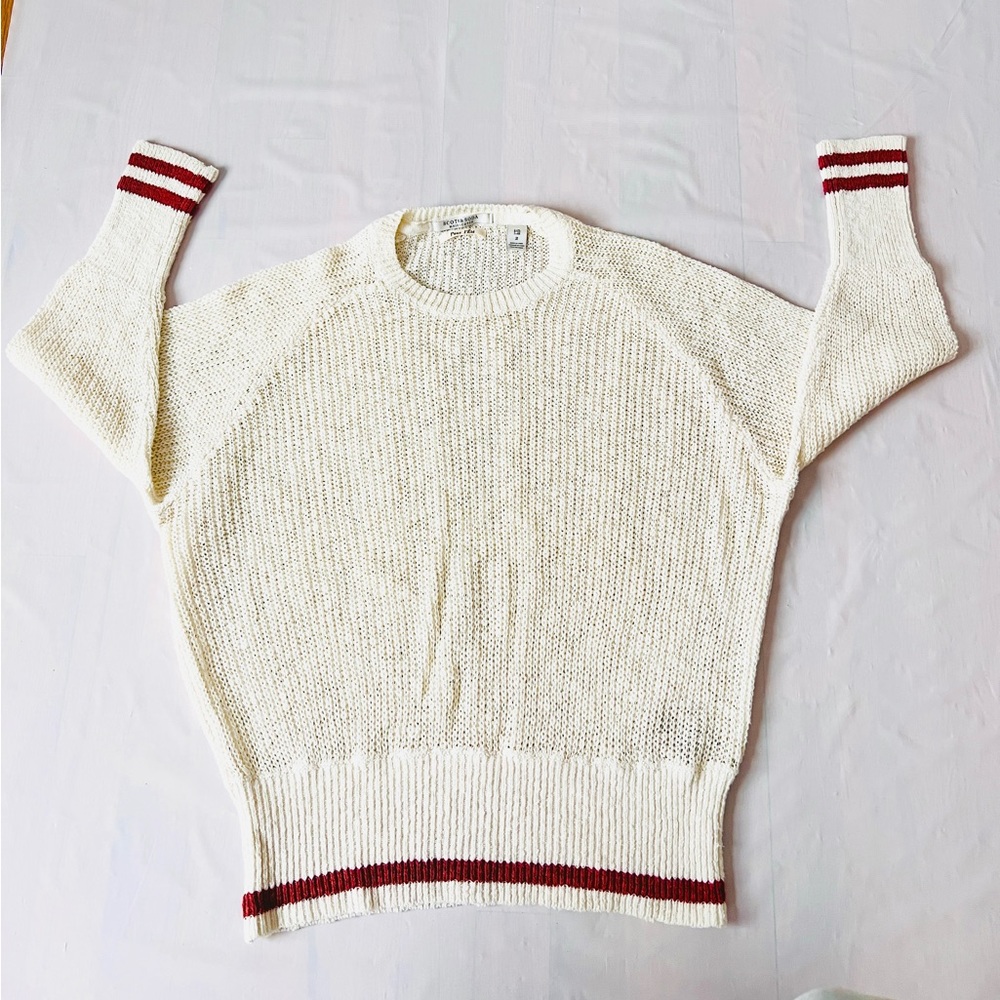 Scotch & Soda Cream Knit Crewneck Sweater with Red Trim